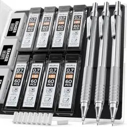 Produktbild: Nicpro 3 Stücke 0,7 mm Druckbleistifte Set mit Etui, Automatische Metall Mechanische Stifte, 6 Dosen HB Bleistiftminen, 3 Radiergummis für Schreiben, Engineering Zeichnen, Skizzieren