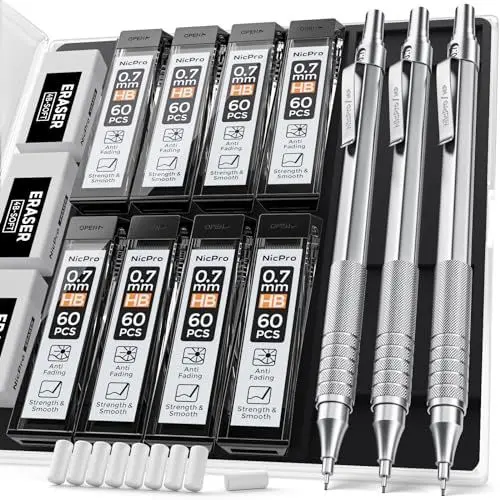 Produktbild: Nicpro 3 Stücke 0,7 mm Druckbleistifte Set mit Etui, Automatische Metall Mechanische Stifte, 6 Dosen HB Bleistiftminen, 3 Radiergummis für Schreiben, Engineering Zeichnen, Skizzieren