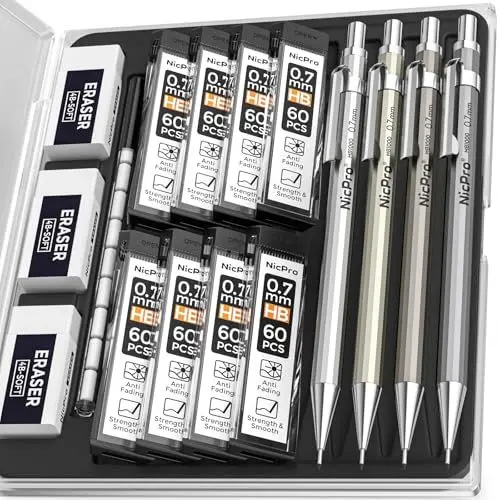 Produktbild: Nicpro 4 Stücke Druckbleistift Set, Metall Bleistifte 0.7 mm mit 8 Dosen Ersatzminen (HB), 3PCS 4B Radiergummis, Druckbleistifte für Kalligraphie, Skizzieren, Zeichnen