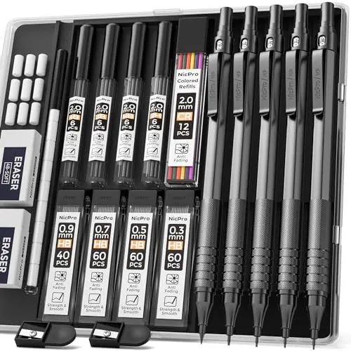 Produktbild: Nicpro 5 Stücke Druckbleistifte, Metall Zeichenstifte 0,3, 0,5, 0,7, 0,9, 2 mm Minenhalter (4B 2B HB 2H farbige Mine), Bleistifte Set zum Schreiben, Skizzieren, Zeichnen