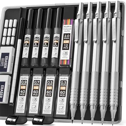 Produktbild: Nicpro 5 Stücke Druckbleistifte Set Metall Mechanische Bleistifte 0,3 & 0,5 & 0,7 & 0,9 mm & 2mm Fallminenstift (4B 2B HB 2H) mit Bleistiftminen (Schwarz & Farben) Radiergummi Etui für Zeichnen