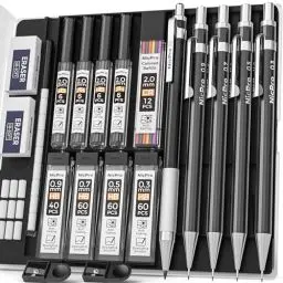 Produktbild: Nicpro 5 Stücke Schwarz Metall Druckbleistift Set im Etui, Künstler Bleistifte mit 9 Dosen Ersatzminen 0,3, 0,5, 0,7, 0,9 und 2 mm (2H HB 2B 4B Farbe), 2 Radiergummis, zum Skizzieren und Zeichnen