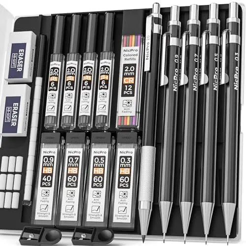 Produktbild: Nicpro 5 Stücke Schwarz Metall Druckbleistift Set im Etui, Künstler Bleistifte mit 9 Dosen Ersatzminen 0,3, 0,5, 0,7, 0,9 und 2 mm (2H HB 2B 4B Farbe), 2 Radiergummis, zum Skizzieren und Zeichnen
