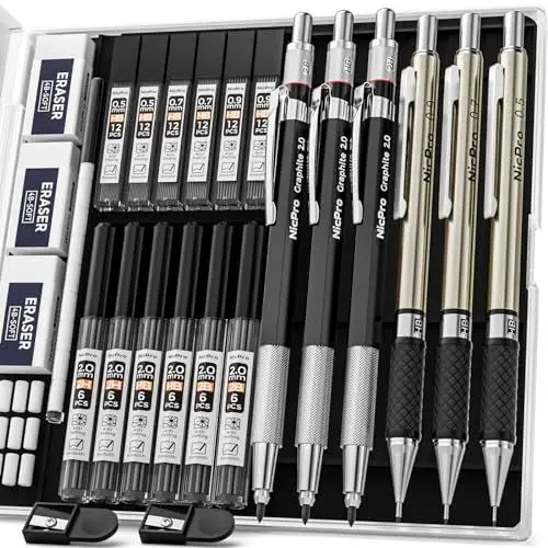 Produktbild: Nicpro 6 Stück Druckbleistifte Set, Metall Mechanische Bleistifte 0,5 mm, 0,7 mm, 0,9 mm, 2mm Fallminenstift (2B HB 2H) mit 12 Dosen HB Bleistiftminen & 3 Radiergummis, Etui für Schreiben, Zeichnen