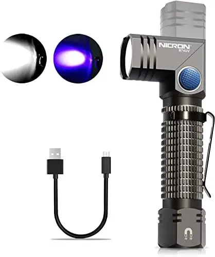 Produktbild: NICRON B74U Schwarzlicht UV Taschenlampe 90 Grad Drehbarer-Kopf Wiederaufladbar 395nm 700 Lumen 6 Modus für Haustierurin Detektion auf Teppichen, Vorhängen