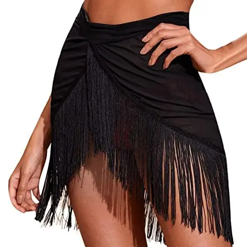 Produktbild: Nidddiv Baderock Bikini Damen-Rüschenbesatz, transparenter Strandrock, Rock, Strand-Wickel-Bikini, glänzende Wickel, Vertuschungen für Badebekleidung Sandalen Binden (Black, S)