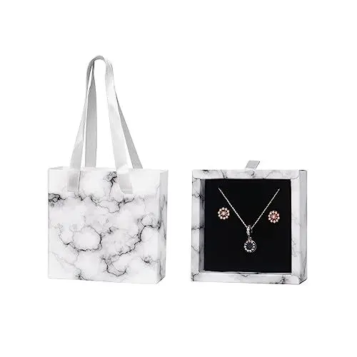 Produktbild: Nideen Schmuck Geschenkbox 9,5× 9,5× 3 cm Geschenkbox für Armband Halskette Geschenkschachtel Klein Schmuck Geschenkboxen Karton mit Henkel(Marmorweiß)