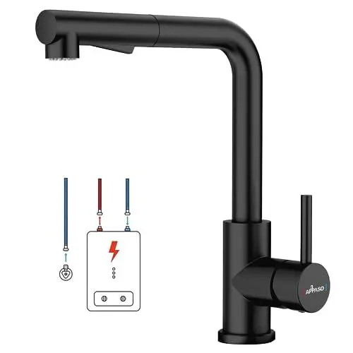 Produktbild: Niederdruck Armatur Küche Schwarz APPASO, Wasserhahn Küche 3 Anschlüsse, Niederdruck Küchenarmatur Ausziehbar, Spültischarmatur Niederdruck mit 2 Strahlarten, Mischbatterie Niederdruck für Boiler