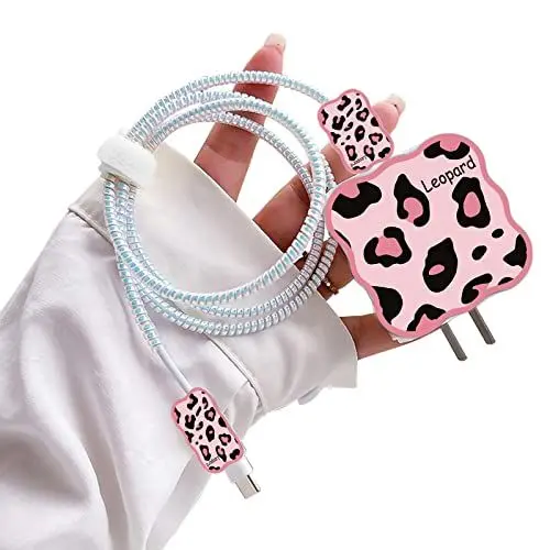 Produktbild: Niedliches Wellenförmiges Kabelschutz Garnitur für iPhone Ladegerät, Cool Rosa Leopard Muster für Mädchen Jungen, Datenleitung Draht Bisse Saver USB Ladekabelschutz Kabel Ladegerät Schutzkabel