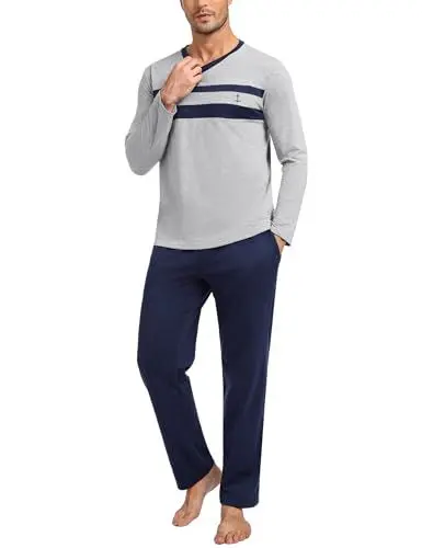 Produktbild: Nieery Herren Pyjama Set Langarm Baumwolle V-Ausschnitt Schlafanzug Männer Nachtwäsche Herbst Schlafbekleidung Schlafhosen lang