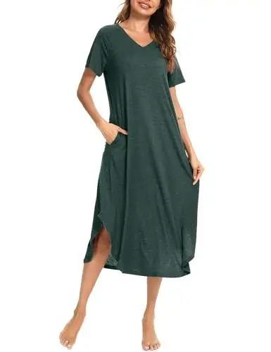 Produktbild: Nieery Nachthemd Damen Lang Baumwolle V-Ausschnitt Sommer Große Größen Kurze Ärmel Lose Schlafshirt Nachtkleid Lässig Nachtwäsche mit Taschen S-3XL