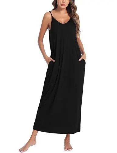 Produktbild: Nieery Nachthemd Damen Lang Sexy Negligee Sommer Spaghettiträger Unterkleid Baumwolle Full Slip V-Ausschnitt Sleepshirt Nachtwäsche Schwarz XL
