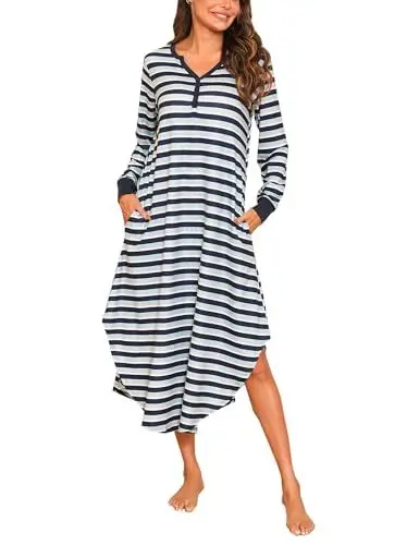 Produktbild: Nieery Nachthemd Damen Langarm Winter Nachtwäsche Gestreiftes Schlafshirt Lang Schlafkleid V-Ausschnitt Sleepshirt mit Taschen