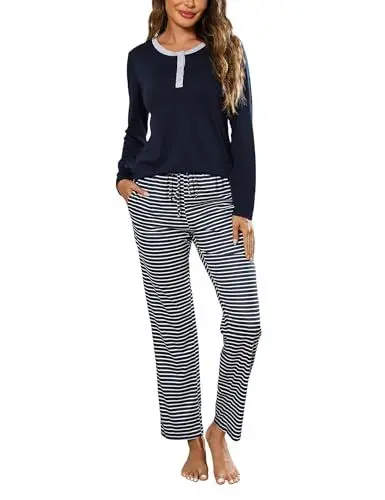 Produktbild: Nieery Pyjama Damen lang Schlafanzug Frauen Baumwolle Schlafanzüge für Damen warm Schlafhose Streifen Muster Nachtwäsche Set Mädchen
