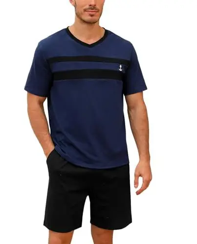 Produktbild: Nieery Pyjama Herren kurz Baumwolle V Ausschnitt Herren Schlafanzug Herrenschlafanzüge Shorty Schlafanzughose Herren kurz Nachtwäsche Schlafanzug Jungen lustig mit Tasche