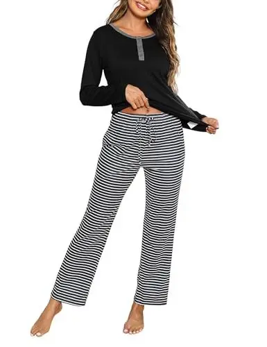 Produktbild: Nieery Schlafanzug Damen Lang Winter Baumwolle Pyjama Set Langarm T-Shirt mit Rundhalsausschnitt und Schlafhose Gestreift Pyjamahose