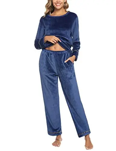 Produktbild: Nieery Schlafanzug Damen Flanell Winter Warme Nicki Hausanzug Zweiteiliger Fleece Pyjama Set Kuschelig Rundhals Pullover und Lang Hose