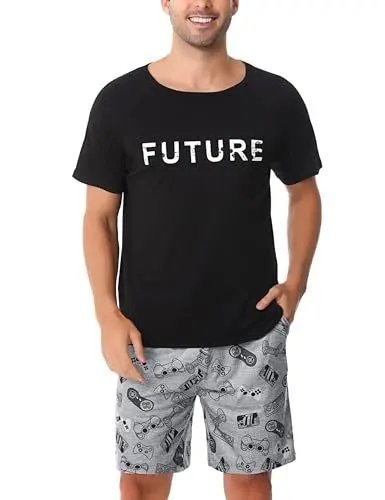 Produktbild: Nieery Schlafanzug Herren kurz Baumwolle Pyjama Herren Sommer Schlafanzug Männer Kurzarm Schlafanzughose Shorty Herren Schlafanzug Kurzarm T-Shirt Pyjamahose Zweiteilig Set