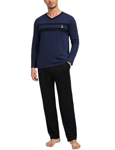 Produktbild: Nieery Schlafanzug Herren Lang Winter Pyjama Set Baumwolle Langarm V-Ausschnitt T-Shirt Schlafanzughose Pyjamahose mit Tasche