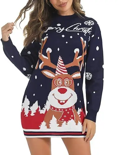 Produktbild: Nieery Weihnachtspullover Damen Weihnachten Strickkleid Rentiere Schneeflocken Weihnachtskleid Frau Weihnachtspulli Ugly Christmas Sweater Pullover Weihnachtsbekleidung Damen lustig