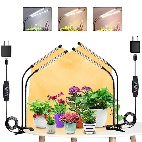 Produktbild: 2Köpfe+2Köpfe Pflanzenlampe LED, Pflanzenlicht Vollspektrum, Pflanzenleuchte mit Zeitschaltuhr, 3 Farbmodi und 10 Stufen Dimmbar, Wachstumslampe für Innenpflanzen, Zimmerpflanzen