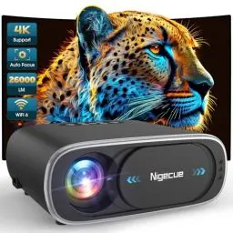 Produktbild: Nigecue Beamer 4K, Autofokus/Elektronische Trapezkorrektur 26000L WiFi6 Bluetooth 1080P Full HD Projektor, Video Beamer Heimkino mit 50%-100% Zoom, Max. 300