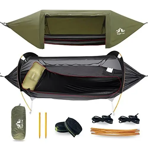 Produktbild: Night Cat Hängematte Zelt mit Moskitonetz wasserdichte Regenfliege Für 1 Person Wandern Camping im Garten Hinterhof Wilde Grün Pro