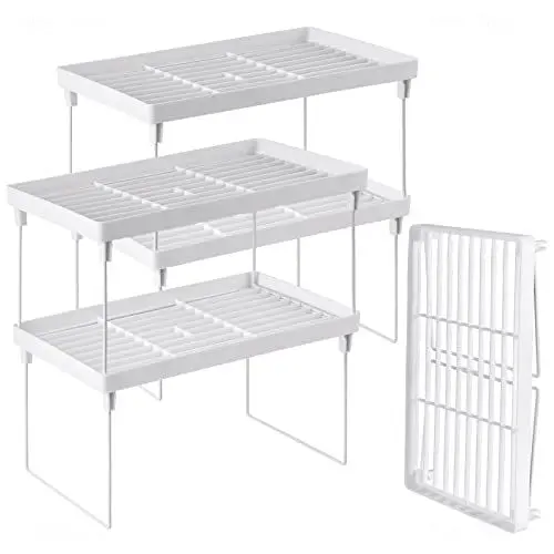 Produktbild: NiHome 4er-Pack stapelbares Kunststoff-Küchenregal faltbares Regal – weißer Küchenschrank-Organizer und Lagerregale, stapelbar, erweiterbar, Aufbewahrungsregale für Thekenschrank, Speisekammer