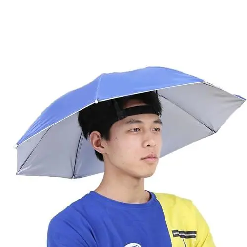 Produktbild: Nikou Regenschirm Hut, 65cm Sonnenschirm Hut Kopfhüte Handfrei Kopfmontierter Regenschirm Top Faltbarer Sonnenschutz Outdoor Kopfbedeckungen für Angeln Gartenarbeit (Blau)