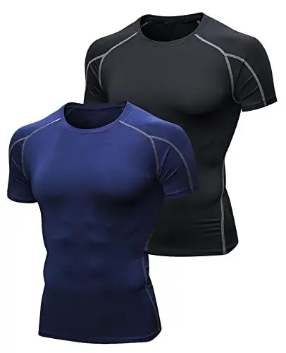 Produktbild: Niksa 2 Stück Funktionsshirt Herren Kurzarm Kompressionsshirt Männer Laufshirt Sportshirt mit Rundhalsausschnitt Fitness, Schwarz-Grau, Marineblau-Grau, XL