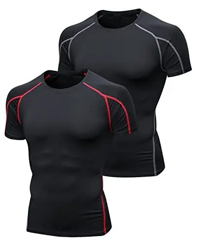 Produktbild: Niksa 2 Stück Funktionsshirt Herren Kurzarm Kompressionsshirt Männer Laufshirt Sportshirt mit Rundhalsausschnitt Fitness, Schwarz-Grau, Schwarz-Rot, M