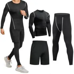 Produktbild: Niksa Sportbekleidung Herren Fitness Bekleidung Trainingsanzug 3pcs Set Fit elastische Sportwear Fitness Kompressionsshirt Langarmshirt Sporthose Leggings (Größe XL Bust =96, Long Sleeve(163515)*D)