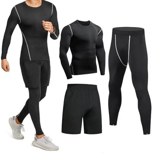 Produktbild: Niksa Sportbekleidung Herren Fitness Bekleidung Trainingsanzug 3pcs Set Fit elastische Sportwear Fitness Kompressionsshirt Langarmshirt Sporthose Leggings (Größe XL Bust =96, Long Sleeve(163515)*D)