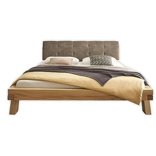 Produktbild: NILAS Modernes Massivholzbett 180x200 - Komfortables & hochwertiges Balkenbett mit gepolstertem Kopfteil - 201 x 97 x 225 cm (B/H/T)