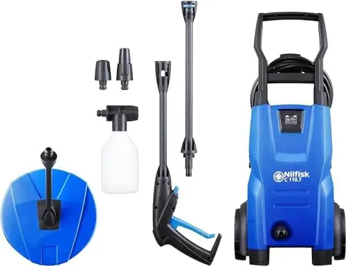 Produktbild: Nilfisk C 110.7 Bar Hochdruckreiniger + Schaumsprüher + Kompakt-Flächenreiniger - Mini Pressure Washer für die Reinigung von Außenbereichen und Autowäsche (1400 W)