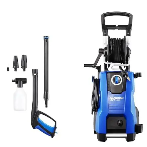 Produktbild: Nilfisk E 145.4 Bar Hochdruckreiniger + Schaumsprüher - Pressure Washer für die Reinigung von Außenbereichen und die Autowäsche (2100 W), Blau