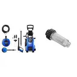 Produktbild: Nilfisk E 145 bar 145.4-9 X-TRA PAD Hochdruckreiniger für Haushalt, Außenbereich, Autowäsche und Gartenarbeiten – inklusive Terrassenreinigungsset – 2100-W-Induktionsmotor, 230 V (blau) & WATER FILTER
