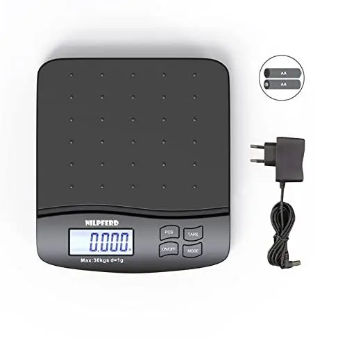 Produktbild: Nilpferd Digitale Paketwaage 5g-30kg in 1g Schritten, Postwaage, Briefwaage, eine Waage für alle Zwecke (Haus/Büro/Lager/Markt),Grammgenau mit LCD Anzeige, Batterien enthalten(Schwarz)
