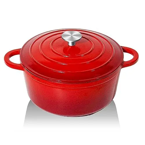 Produktbild: Nilpferd Gusseisen Topf Schmortopf 26cm Emaille Bräter mit Deckel, Auflaufform Kasserollen Bratentopf brot backen für Backen Schmoren Braten(Rot,5L)