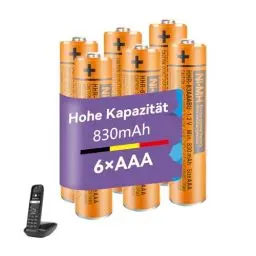 Produktbild: NI-MH Akku 830mAh (1.2V) für Panasonic Schnurlos Telefone, HHR-83AAABU Wiederaufladbare Batterien AAA für Gigaset Mobilteile - 6 Stück