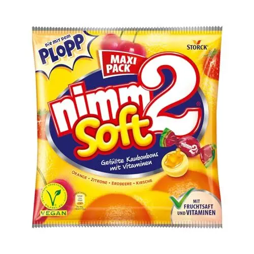 Produktbild: nimm2 Soft – 1 x 345g Maxi Pack – Gefüllte Kaubonbons in vier Sorten mit Fruchtsaft und Vitaminen