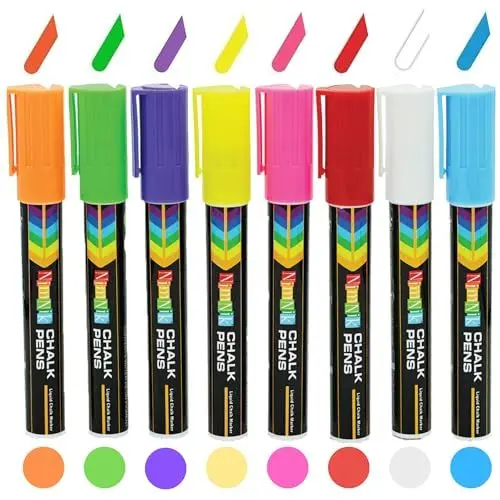 Produktbild: NimNik Flüssigkreide-Marker, Kreidestifte, 6 mm, wendbare Spitze, Kreidemarker für Glas, Fenster, 8 Stück