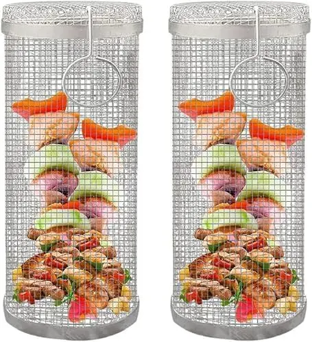 Produktbild: Nimomo 2 Stück Rolling Grillkorb Edelstahl Grillgitter Edelstahl Grillkorb Ofen Rotisserie Grill Korb Zylinder Grillkorb Grill Rack für Pommes,Fisch,Garnelen,Camping Essentials