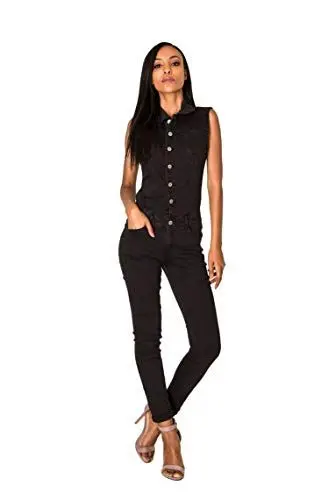 Produktbild: Nina Carter Art. S336 Damen Ärmelloser Jeansoverall Jumpsuit Skinny Fit Denim-Overall (Schwarz, M)