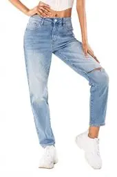 Produktbild: Nina Carter Damen Boyfriend Jeanshosen High Waist MOM Jeans Cutted Knee Used-Look Waschungseffekt, Blau (Q1886-1), S