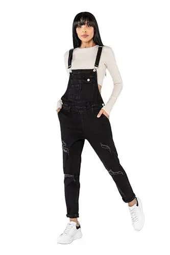 Produktbild: Nina Carter Damen Latzhose Jeans Boyfriend Denim Overall Jumpsuit Used-Look Sommeroverall (DE/NL/SE/PL, Alphanumerisch, S, Regular, Regular, Schwarz (S535-1))