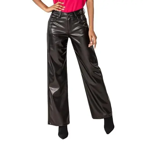 Produktbild: Nina Carter J227 Damen-Hose in Lederoptik Schlaghosen High Waist Lederhose Bootcut Hose (Schwarz (J227-1), L)