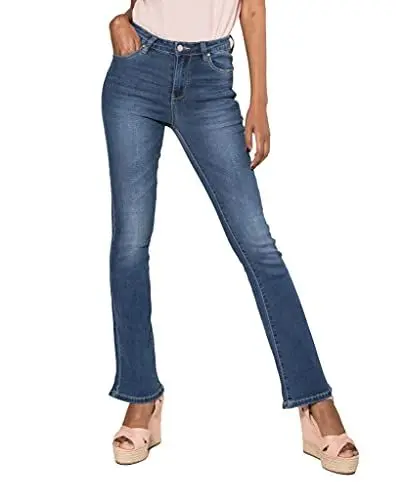 Produktbild: Nina Carter P079 Damen Jeanshosen Flared Bootcut Zip Used Look Ausgestellte Jeans Schlaghosen (Blau (P079-1), M)