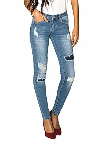 Produktbild: Nina Carter P100 Damen Skinny Fit Jeanshosen S-3XL Low Waist Jeans Destroyed-Effekten Used-Look Waschungseffekt, Blau (P101-5), M