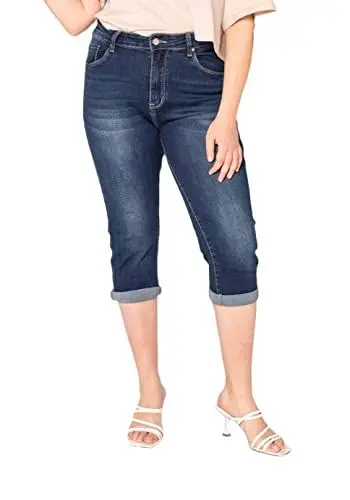 Produktbild: Nina Carter P200 Damen Capri Jeanshosen Große Größen HIGH Waist Jeans Sommer Hose Used-Look (48, Dunkelblau (P200-1))